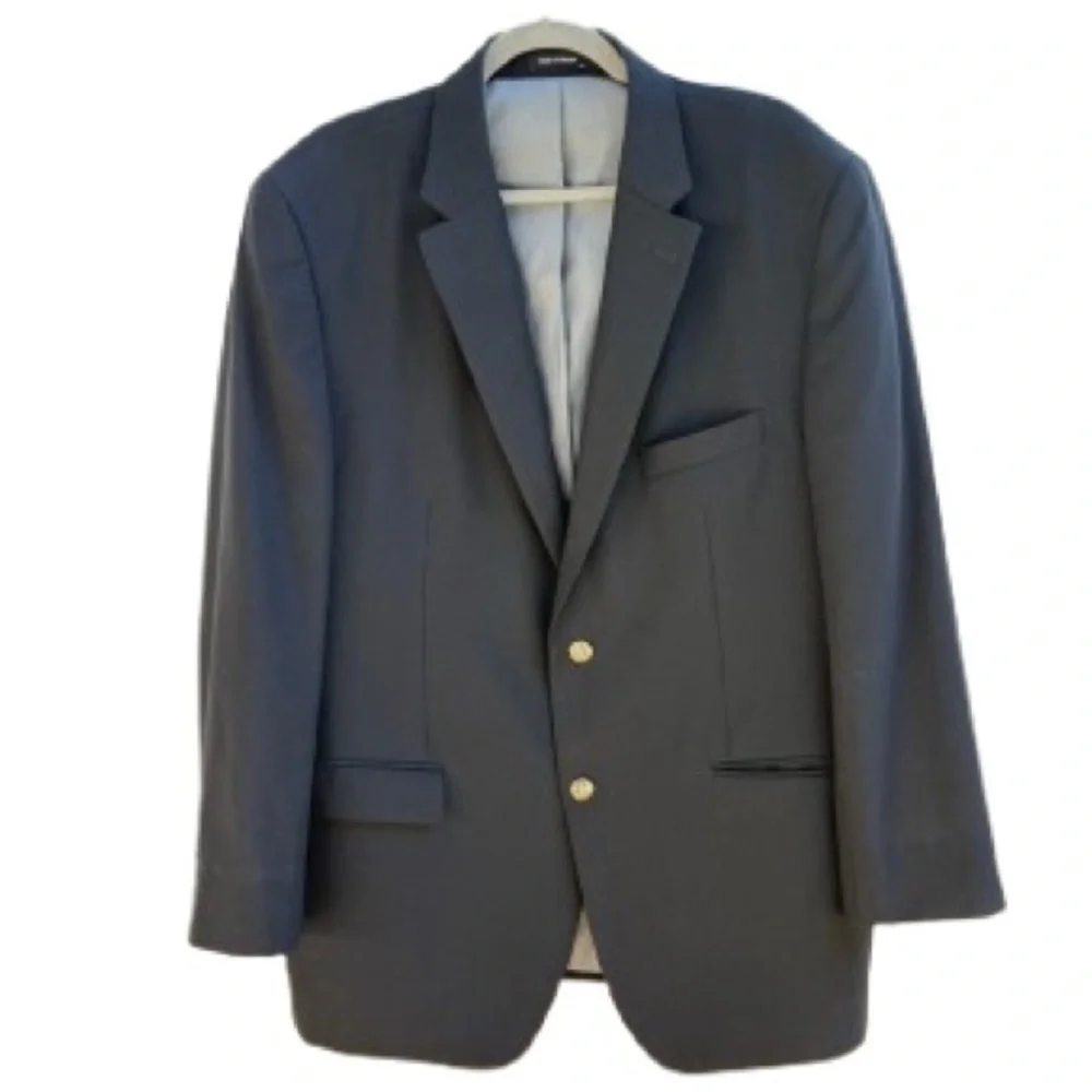 Black Wool Blazer Mens 46L Double Gold Crested Buttons Wedding Guest Coat/Jacket